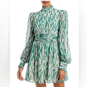 Aqua Emerald Green Feather Print Long Sleeve A Line Dress Size M
